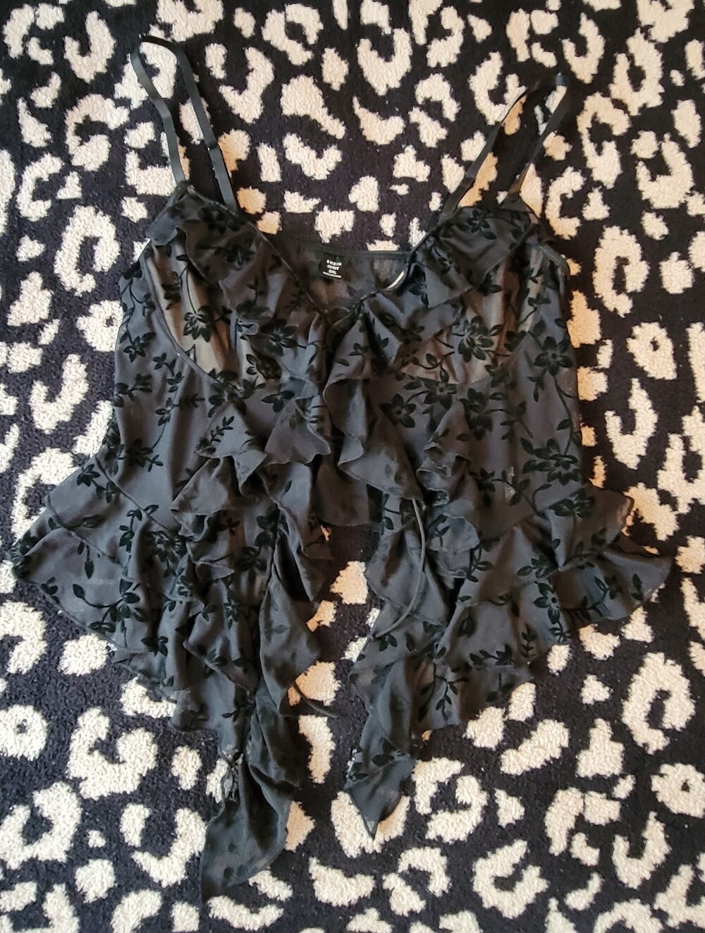 SHEIN Black Floral Velvet-Trim Ruffle Cami